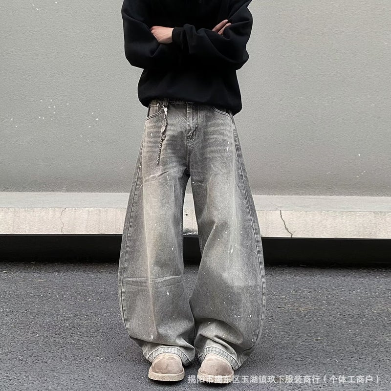 2025 American Retro Street Distressed Cat Whiskers Scimitar Small Crowd Washed Splash Ink Lazy Profile Wide Leg Denim - Image 3